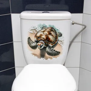 Close-up of a realistic sea turtle waterproof decorative sticker on a white toilet tank