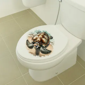 Realistic sea turtle and beach design waterproof PVC sticker applied to a toilet lid