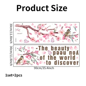 Product size detail for cherry blossom wall stickers showing two 30x90cm sheets with bird