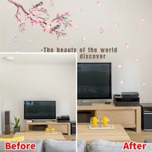 Close-up detail of peach blossom wall stickers showing before and after effect on a living room wall
