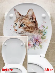 Comparison of bathroom toilet lid before and after applying watercolor cat and flower sticker