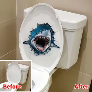 Realistischer 3D-Haifisch-Wandaufkleber bricht durch die Wand auf dem Toilettendeckel