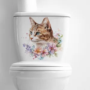 Close-up of watercolor cat and floral waterproof PVC toilet lid sticker decal