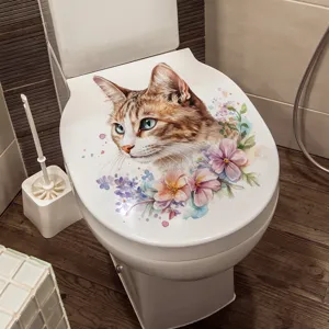 Watercolor cat and floral toilet lid sticker, waterproof PVC decorative bathroom decal