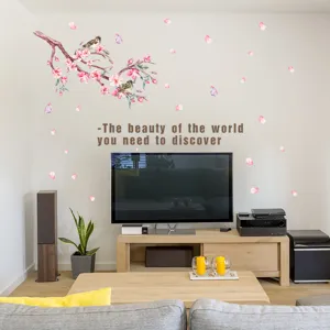 Romantic cherry blossom wall sticker with birds and butterflies decor for living room
