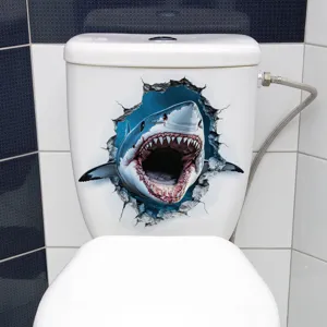 Realistischer 3D-Hai-Wandaufkleber auf weißem Toilettenspülkasten aus weißer Keramik