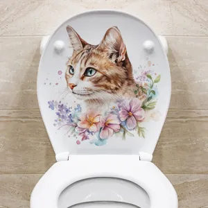 Watercolor cat and flower pattern removable PVC waterproof bathroom toilet seat sticker