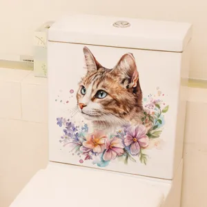 Detail of watercolor cat and flower sticker applied to a white toilet tank