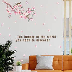 Romantic peach blossom wall sticker with birds and inspirational English discovery quote