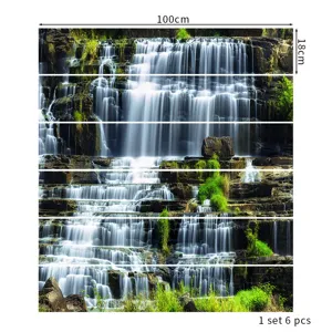 Detailed view of 3D waterfall staircase stickers showing 100x18cm dimensions for 6 piece set