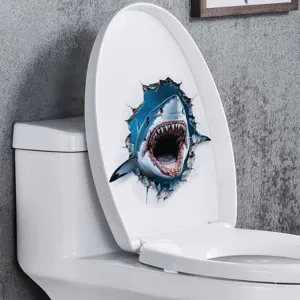 3D Hai Wandtattoo bricht durch Toilettendeckel, wasserfester PVC Badaufkleber Detail.
