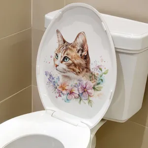 Watercolor cat and flower motif detail on a white waterproof toilet lid sticker