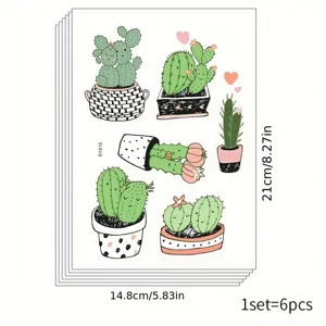 Detailed view of 6 sheets of cartoon cactus PVC self-adhesive wall stickers