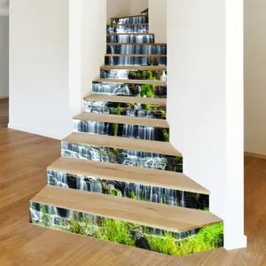 Detailed macro view of 3D waterfall scenery self-adhesive stair stickers on wooden steps