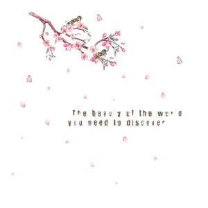 Romantic peach blossom wall sticker featuring birds and inspirational English quotes