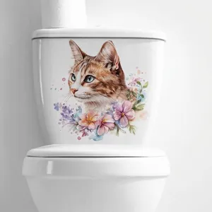 Waterproof PVC Toilet Lid Sticker Cute Cartoon Watercolor Cat Floral Removable Wall Decal Bathroom Restroom Defect Cover Art Decoration
