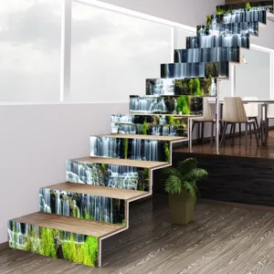 Detailed view of 3D waterfall landscape staircase stickers in a modern home interior