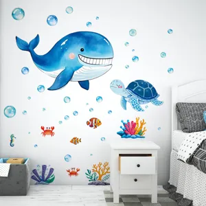 Watercolor ocean whale and turtle wall stickers for nursery and kids bedroom wall decor