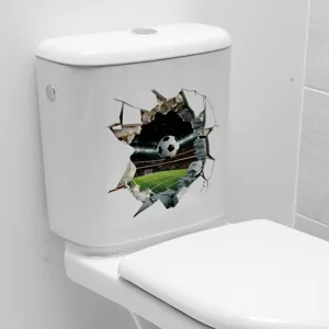 Detailed 3D soccer ball breaking wall effect waterproof toilet sticker for bathroom decor