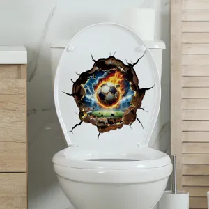 Autocollant de siège de toilette 3D ballon de football en feu brisant le mur étanche