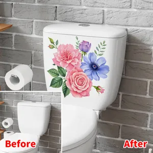 Vorher-Nachher-Vergleich von bunten Blumen-PVC-Aufklebern auf einem Toilettentank
