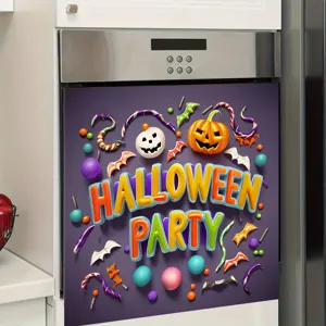 3D Halloween Party dishwasher decal featuring vibrant pumpkins, bats, and festive motifs