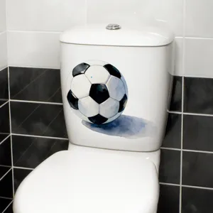 Detail of watercolor soccer ball waterproof sticker on a white ceramic toilet tank