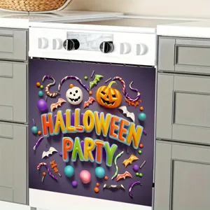 Halloween party dishwasher cover with 3D pumpkin and bat design in a modern kitchen