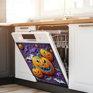 Gedetailleerde weergave van Halloween pompoen en vleermuis PVC sticker op een vaatwasser