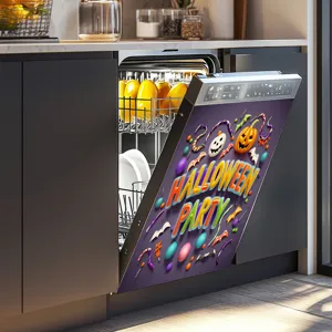 Close-up of a 3D Halloween dishwasher sticker featuring pumpkins and bats on a purple background