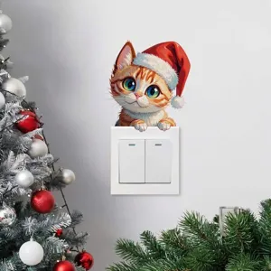 Pegatina para Interruptor de Luz de Gato de Navidad Lindo Gato Naranja Con Gorro de Papá Noel Impermeable PVC Vinilo de Pared Hogar
