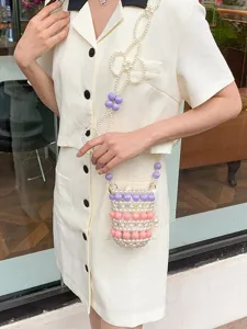 Elegante Mini-Perlen-Eimertasche mit Kontrastfarben und Perlenriemen für Damen