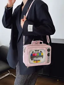 Vintage TV shaped pink PU crossbody bag for women with test pattern design.