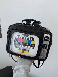 Fashionable retro TV shaped PU crossbody handbag with colorful test pattern screen