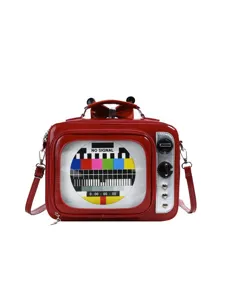 Retro TV shaped red PU leather crossbody bag with colorful screen graphic pattern