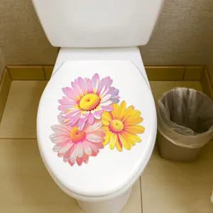 Sticker de couvercle de toilette en PVC imperméable avec grandes marguerites roses et jaunes