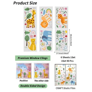 Detailed size and count information for 6-sheet set of cartoon animal window clings