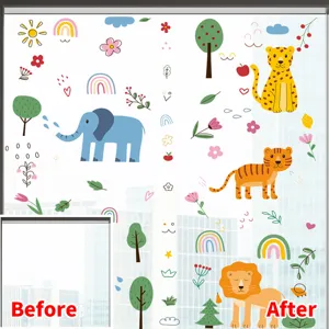 Cartoon animal and plant static cling window stickers showing before and after effect