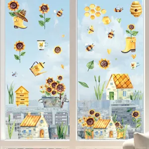 Vue détaillée d'autocollants de fenêtre statiques tournesol et abeille sur verre