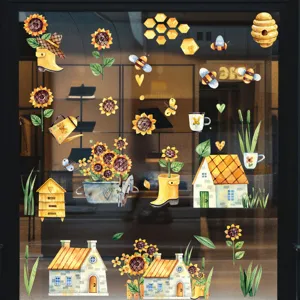 Vue détaillée d'autocollants de fenêtre aquarelle thème ferme avec tournesols et abeilles