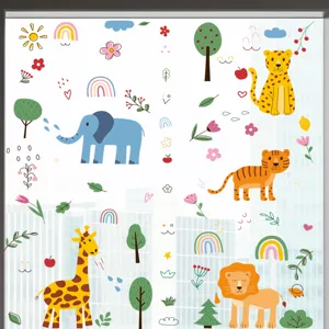 Detailed view of colorful cartoon animal and plant static glass window stickers