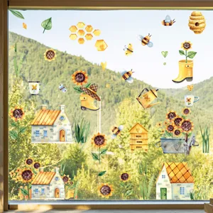 Autocollants statiques pour fenêtres avec tournesols et abeilles sur une surface en verre