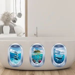 3D αυτοκόλλητα μπανιέρας παράθυρο αεροπλάνου με όμορφες σκηνές φάλαινας και δελφινιών