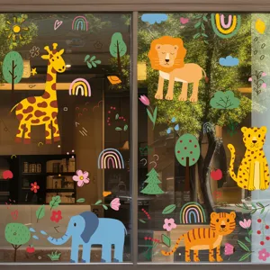 Detailed view of colorful cartoon animal window stickers applied to glass