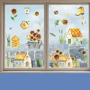 Autocollants Statiques de Fenêtre Tournesol Ferme PVC Amovibles Stickers Décoratifs Double Face Tournesol Abeille Décalcomanie pour Vitres Maison