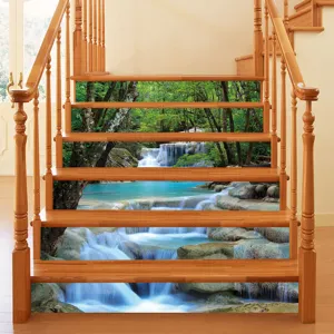 Vibrant 3D forest waterfall landscape stickers applied to indoor wooden stairs decor