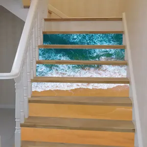 Detailed view of 3D beach wave pattern applied to indoor staircase risers decoration