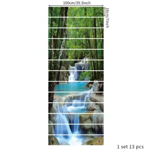 Detail of 3D waterfall forest staircase stickers showing 100cm width and 13 piece set count