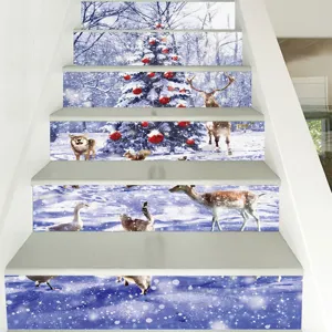 Kerst 3D sneeuwscène trapstickers met een winterbos met rendieren en een wolf