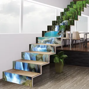 Macro detail of 3D waterfall landscape self-adhesive stair stickers in a modern interior